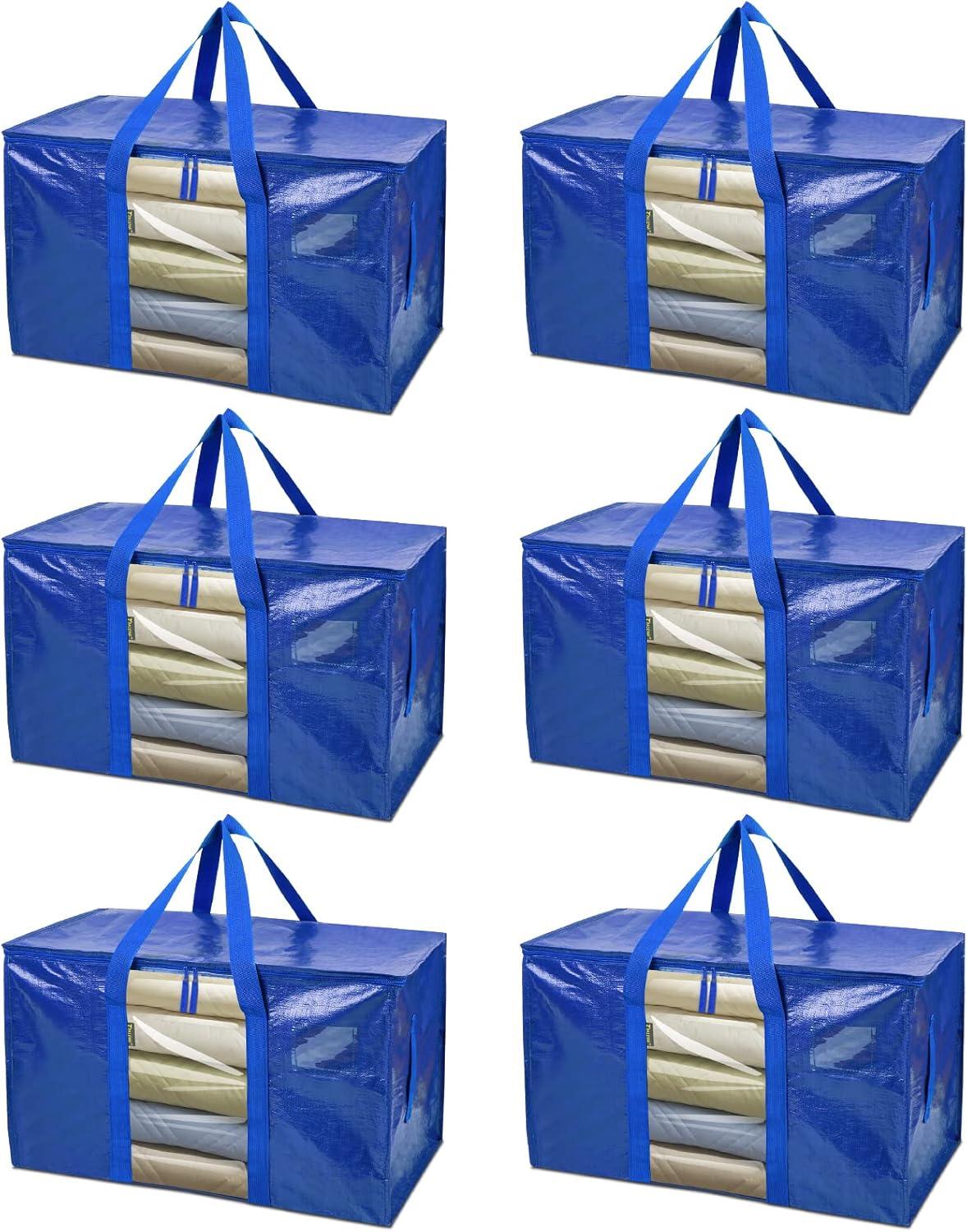 imageBALEINE 6Pack Oversized Moving Bags with Reinforced Handles HeavyDuty Storage Tote for Clothes Moving Supplies Color Stripe with Window 6PackBlue