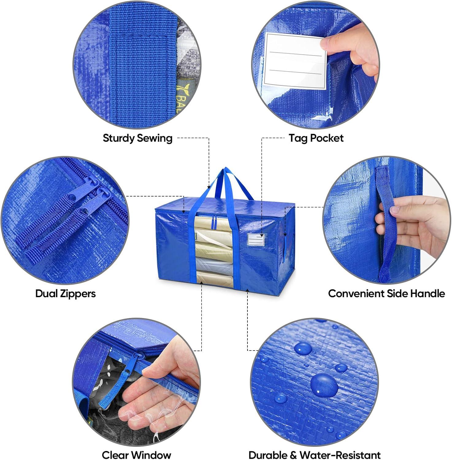 imageBALEINE 6Pack Oversized Moving Bags with Reinforced Handles HeavyDuty Storage Tote for Clothes Moving Supplies Color Stripe with Window 6PackBlue