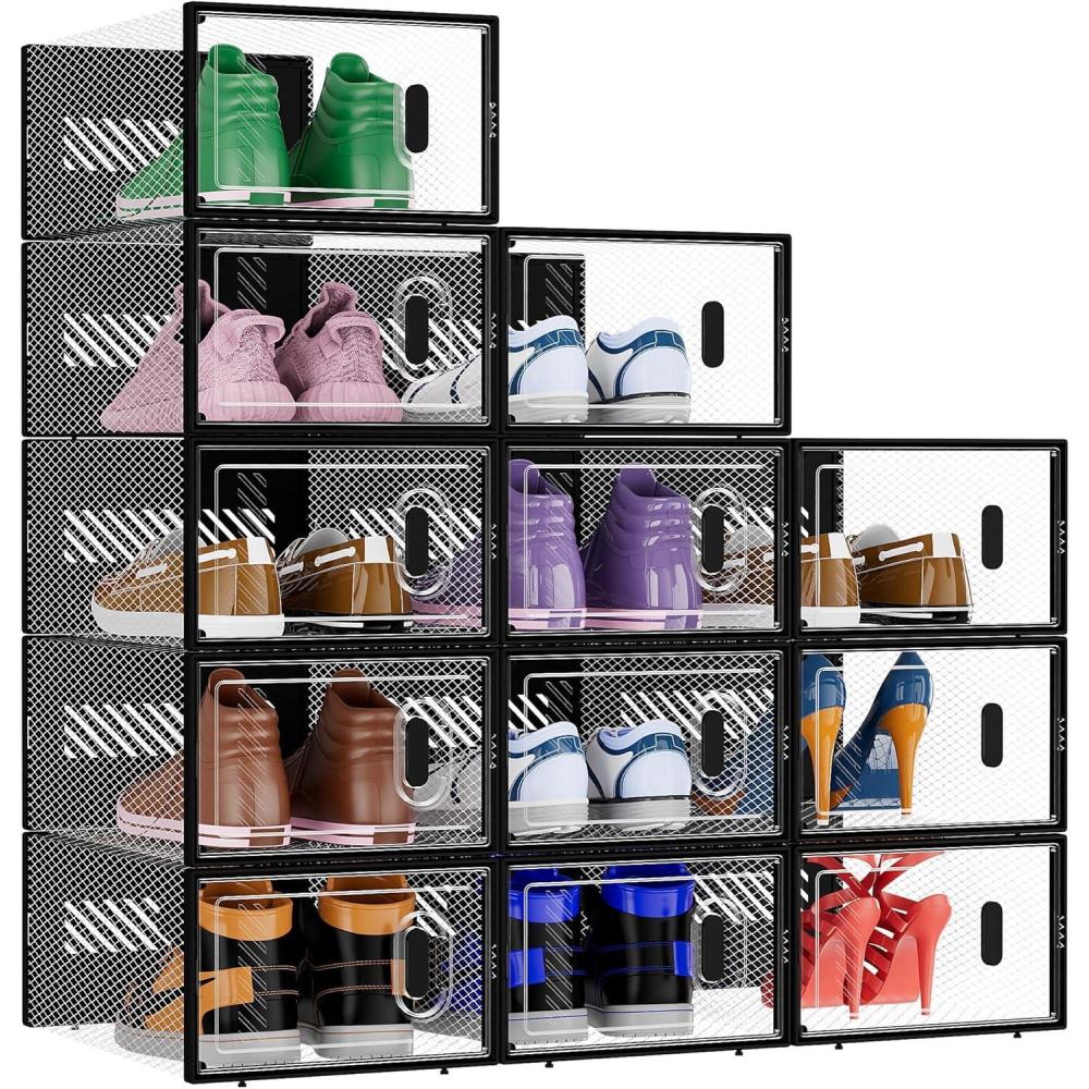 imageBALEINE 12 Pack Stackable Shoe Storage Boxes Fit Size 11 Thickened Clear Shoe Box Bins with Lids Plastic Foldable Organizer Sneaker Storage Containers XLarge WhiteBlack