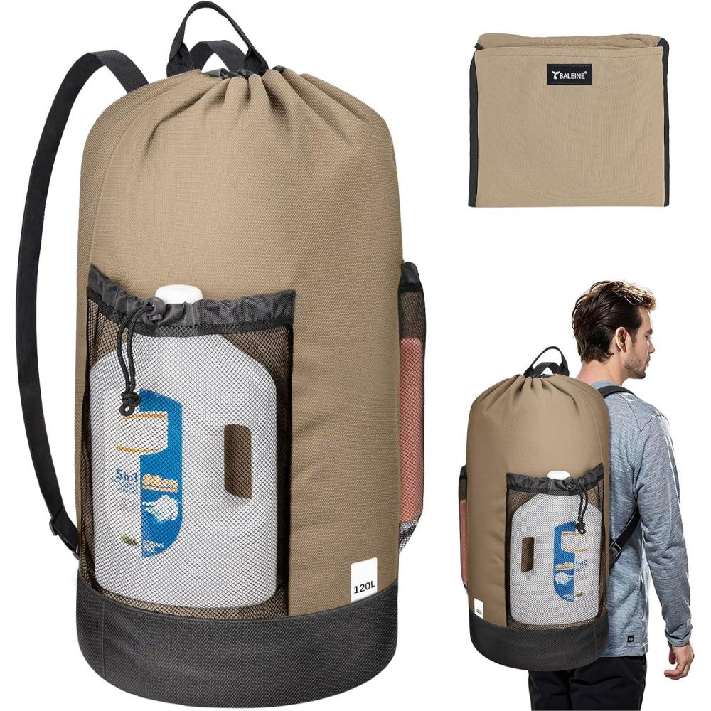 imageBALEINE 120L Laundry Bag Backpack 900D Oxford Fabric Large Travel Laundry Bags with Shoulder Straps and 2 Mesh Pockets for College Dorm Apartment Laundromat Gray 120LKhaki