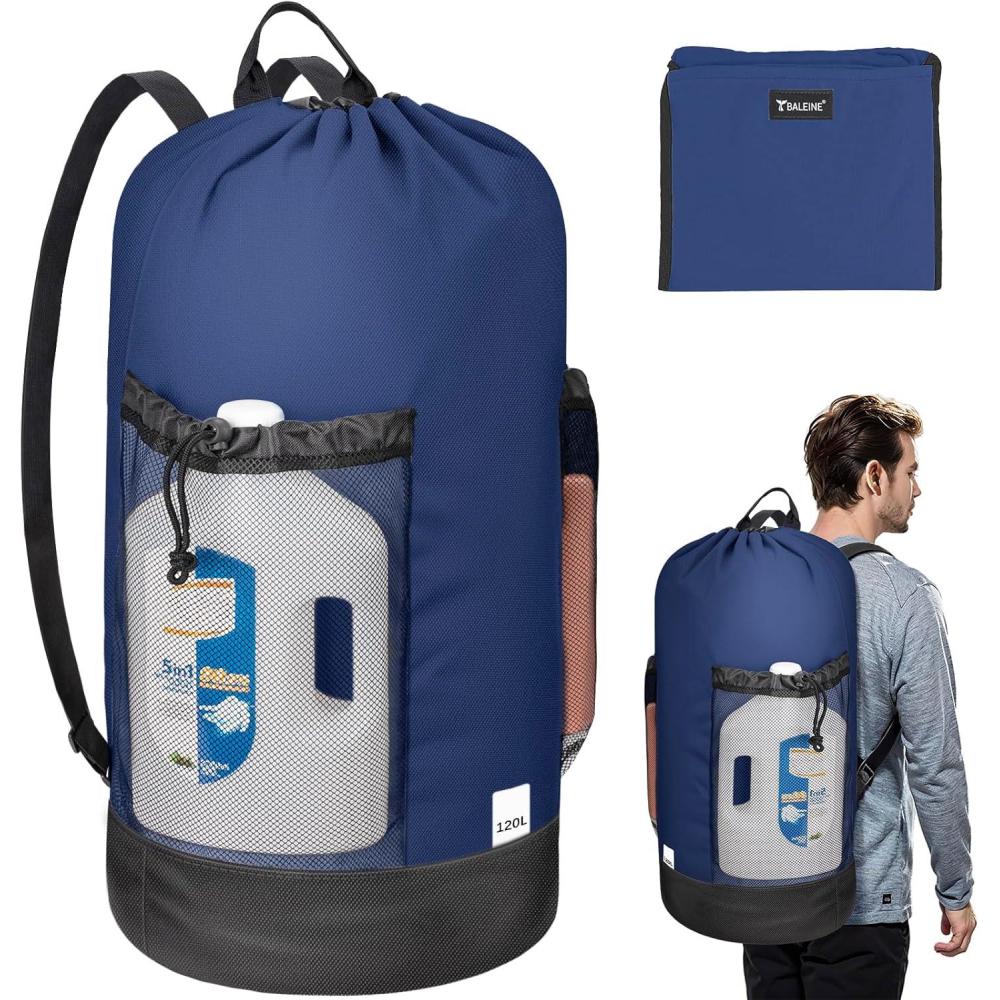 imageBALEINE 120L Laundry Bag Backpack 900D Oxford Fabric Large Travel Laundry Bags with Shoulder Straps and 2 Mesh Pockets for College Dorm Apartment Laundromat Gray 120LNavy