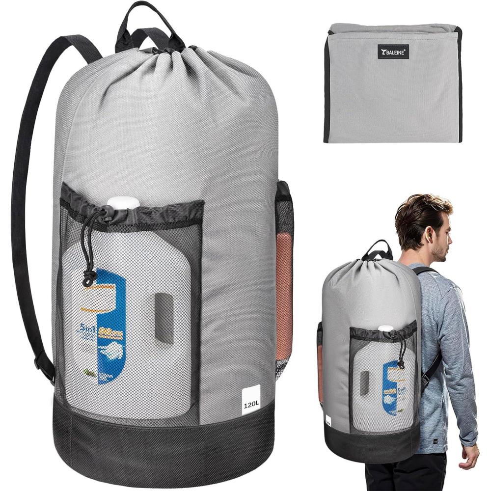 imageBALEINE 120L Laundry Bag Backpack 900D Oxford Fabric Large Travel Laundry Bags with Shoulder Straps and 2 Mesh Pockets for College Dorm Apartment Laundromat Gray 120LGray