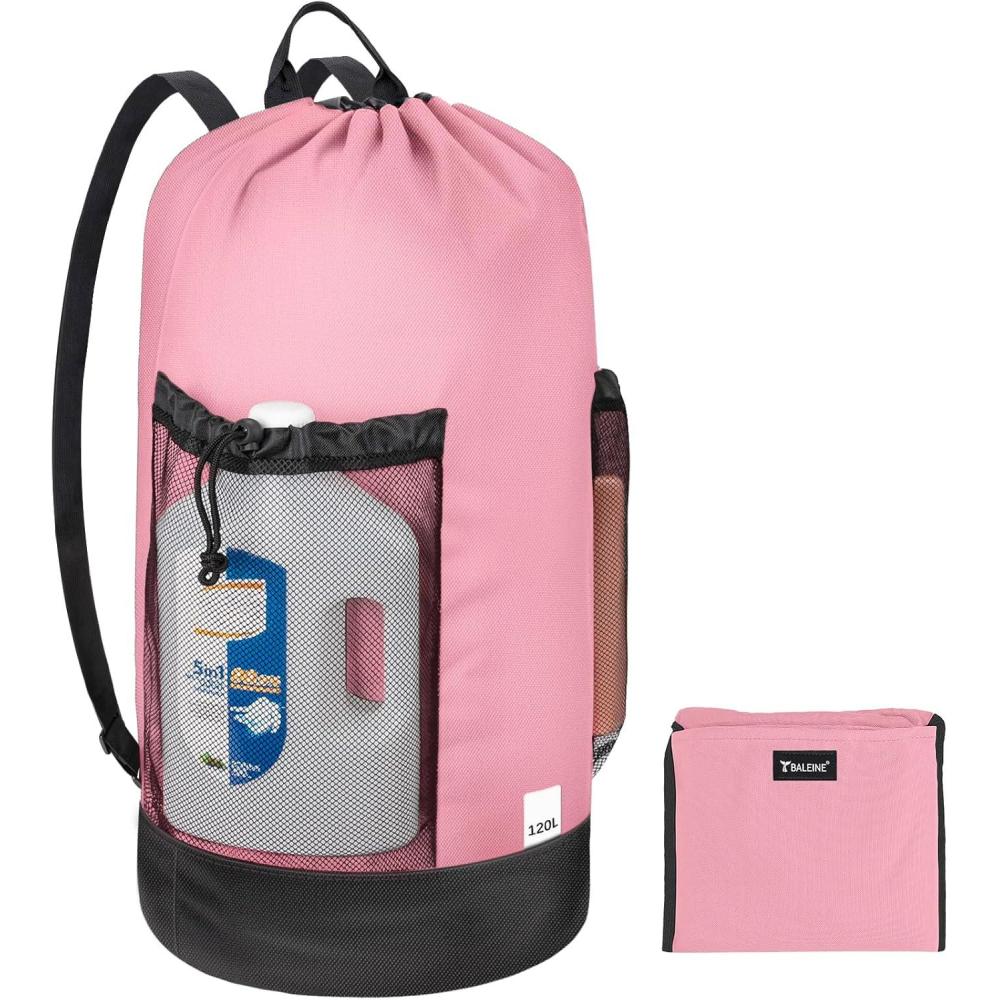 imageBALEINE 120L Laundry Bag Backpack 900D Oxford Fabric Large Travel Laundry Bags with Shoulder Straps and 2 Mesh Pockets for College Dorm Apartment Laundromat Gray 120LPink