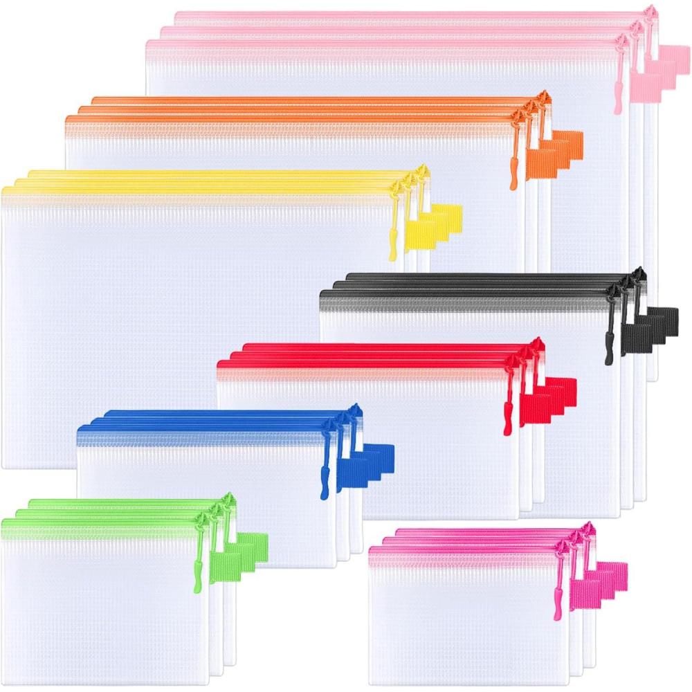 imageBALEINE 24PK Mesh Zipper Pouch Bags Waterproof Clear Zipper Bags Multiple Colors Plastic Mesh Bag File Bag for Organization Suitable for Office Supplies Home Travel 24 PK Multi 8 SizesCombo24PK