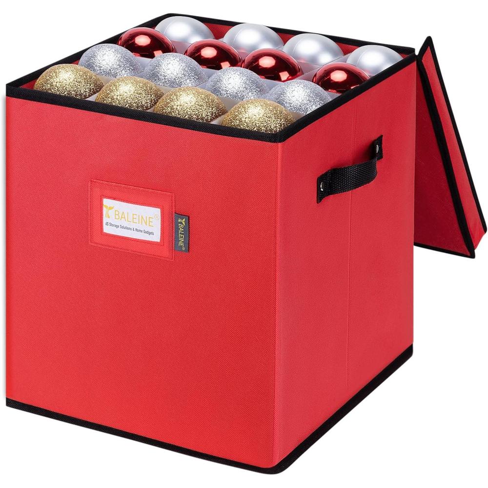imageBALEINE Christmas Ornament Storage Box with Dividers Premium Holiday Ornaments Storage Container Bin for Xmas Decorations 64 Ball Grey Without TrayRed