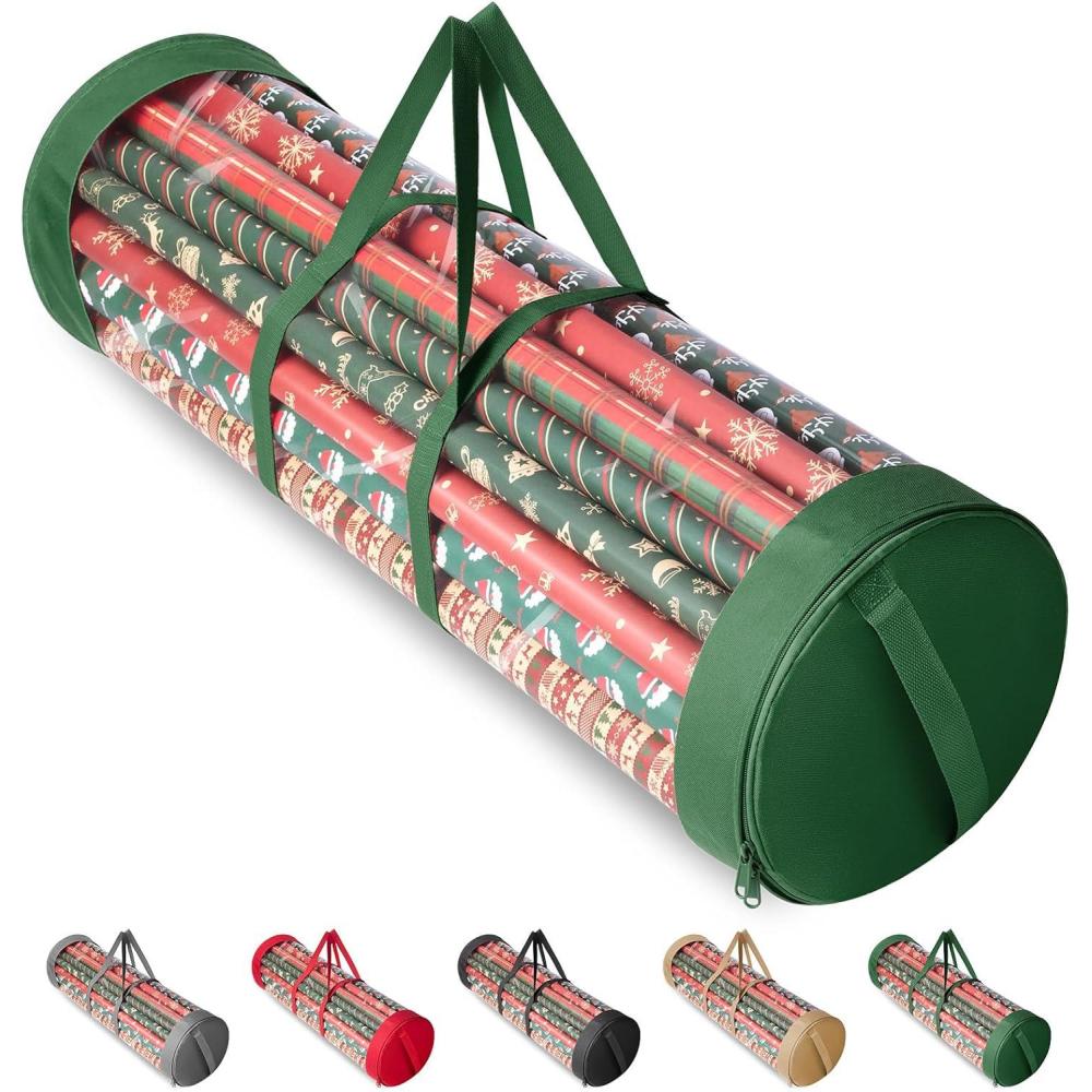 imageBALEINE Christmas Wrapping Paper Organizer Storage 41quot Gift Wrapping Paper Storage Containers Clear PVC with Durable 600D Oxford Fabric Gift Wrap Paper Holder Fits 1825 Rolls GoldenGreen
