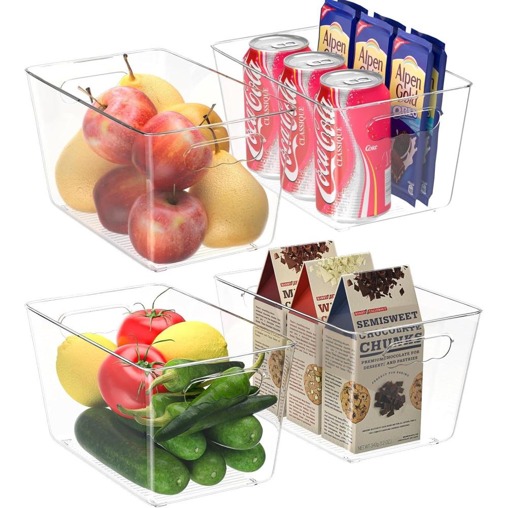 imageBALEINE Clear Plastic Storage Bins Pantry Organization BPA Free Stackable Refrigerator Organizers and Storage with Handles for Kitchen Fridge Cabinet Bathroom 4PK 11x75x64