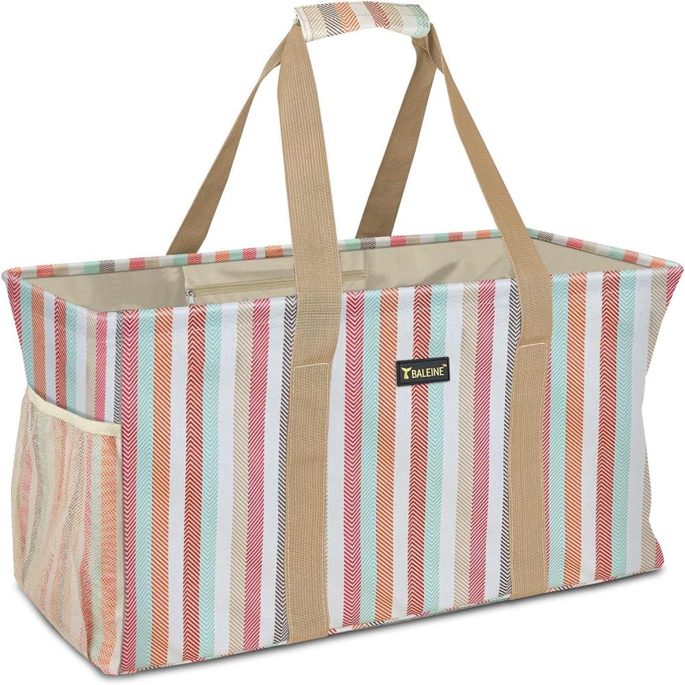 imageBALEINE Extra Large Utility Tote Bag with Wire Frame for Storage Black 22x12x10Color Stripe