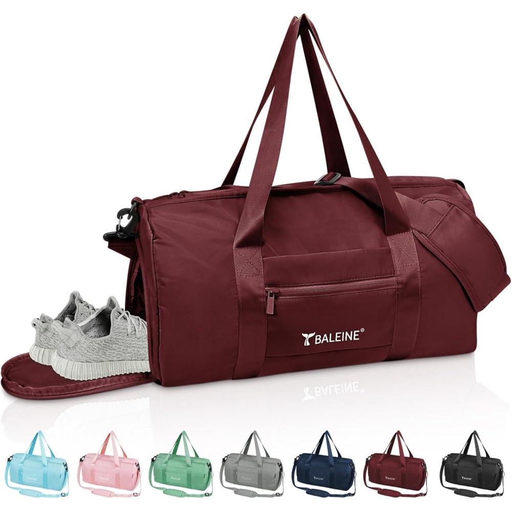 imageBALEINE Gym Bag for Women and Men Duffel Bag for Sports Gyms and Weekend Getaway Waterproof Dufflebag with Shoe and Wet Clothes Compartments Lightweight Carryon Gymbag GreenRed