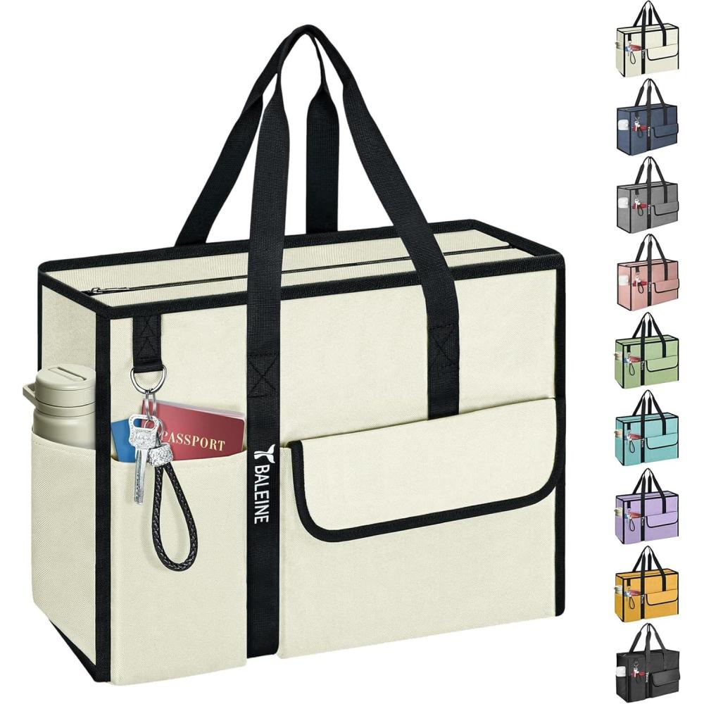 imageBALEINE Large Utility Tote Bag with Reinforced Bottom Multi Pockets Foldable Tote Bag for Nurse Travel WorkBeige