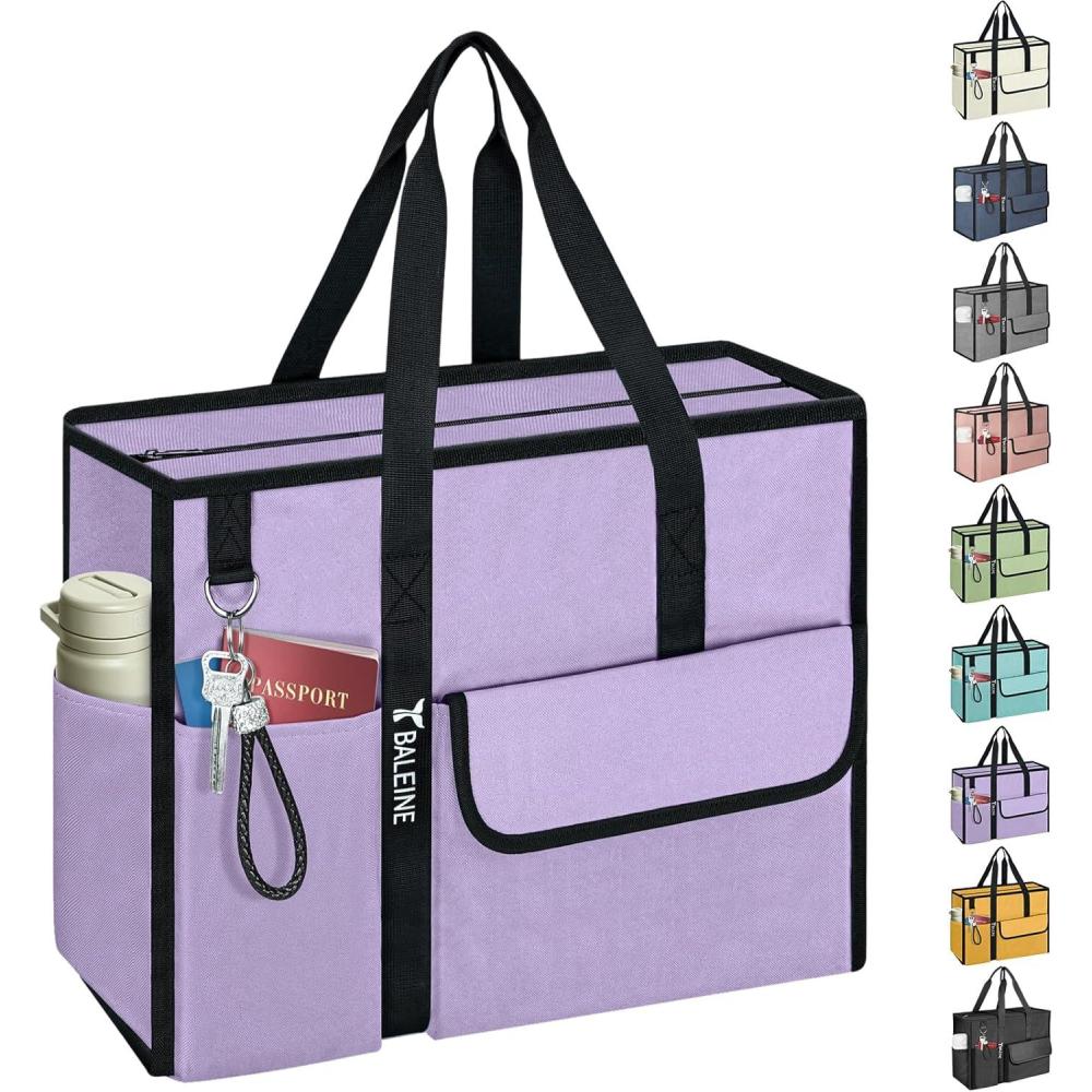 imageBALEINE Large Utility Tote Bag with Reinforced Bottom Multi Pockets Foldable Tote Bag for Nurse Travel WorkPurple