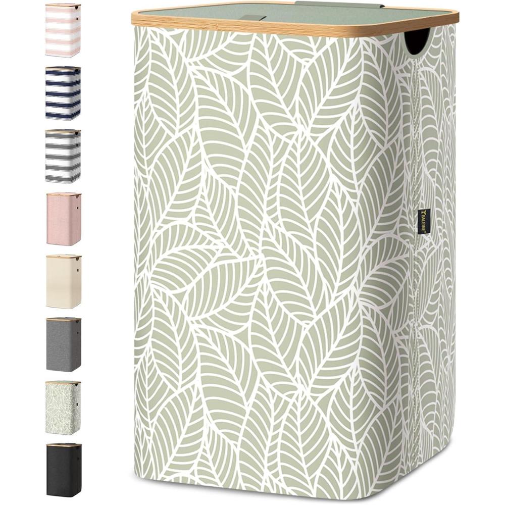 imageBALEINE Laundry Hamper with Lid Tall Laundry Baskets with Bamboo Pull Handles Large Laundry Bin with Internal Support 36 Gal140L GreyAntique Foliage