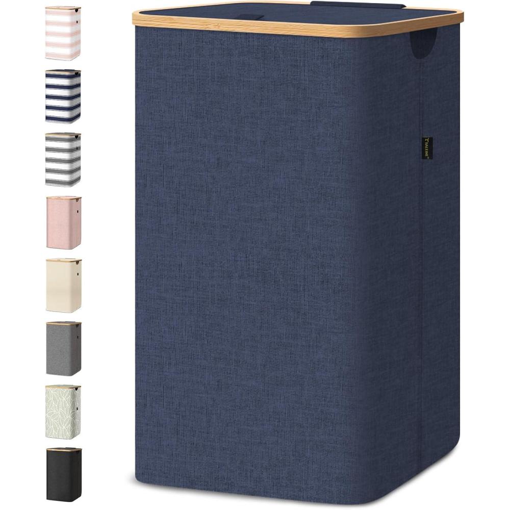 imageBALEINE Laundry Hamper with Lid Tall Laundry Baskets with Bamboo Pull Handles Large Laundry Bin with Internal Support 36 Gal140L GreyBlue