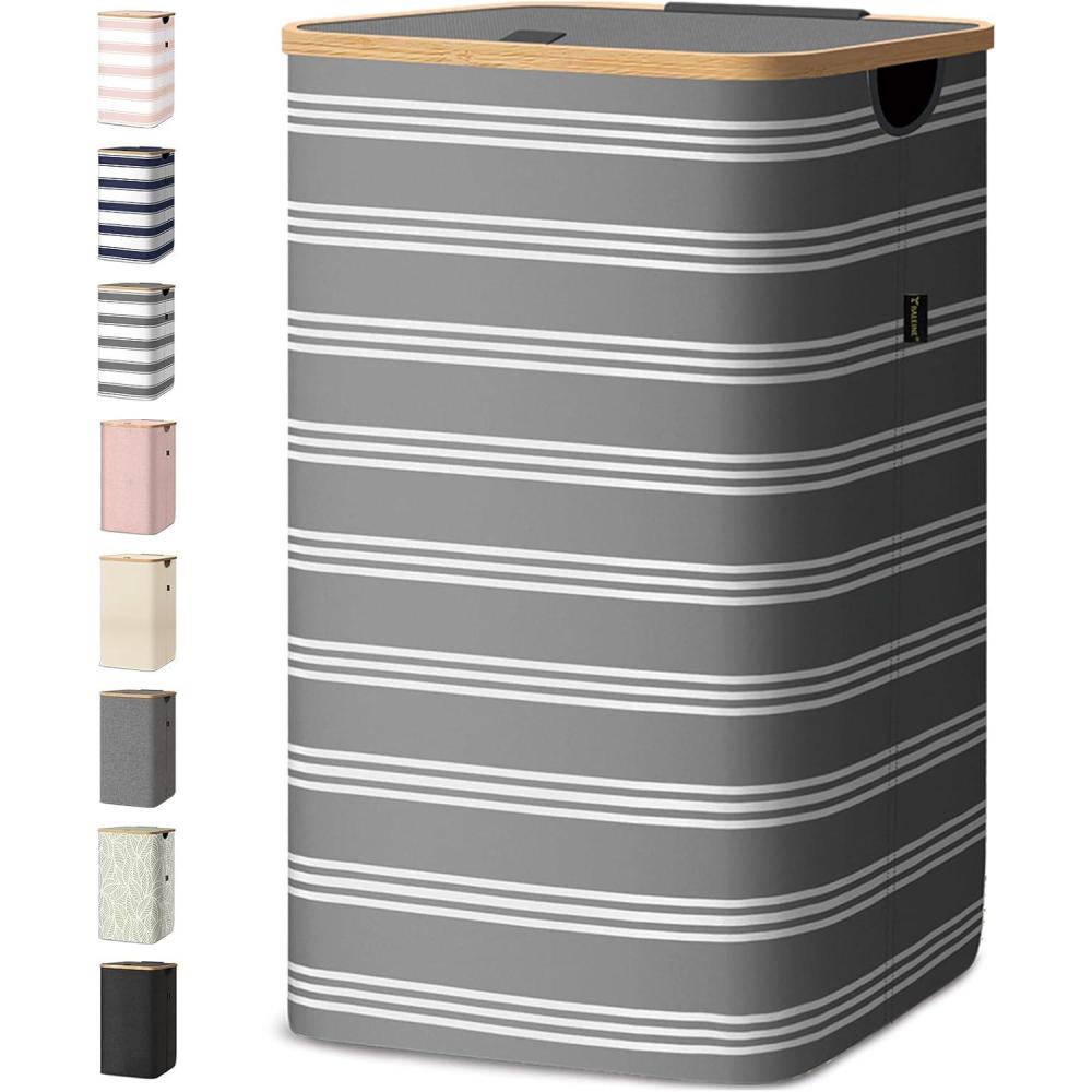 imageBALEINE Laundry Hamper with Lid Tall Laundry Baskets with Bamboo Pull Handles Large Laundry Bin with Internal Support 36 Gal140L GreyGrey Pinstripe