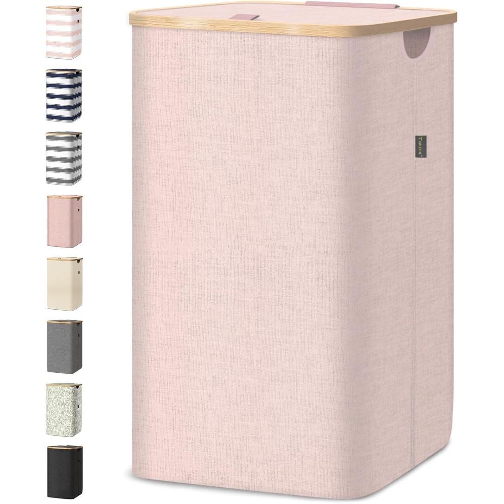 imageBALEINE Laundry Hamper with Lid Tall Laundry Baskets with Bamboo Pull Handles Large Laundry Bin with Internal Support 36 Gal140L GreyPink
