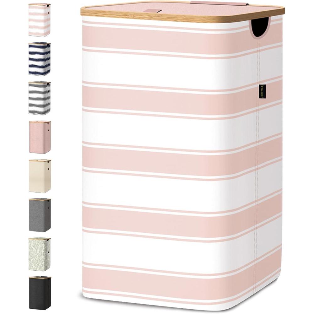 imageBALEINE Laundry Hamper with Lid Tall Laundry Baskets with Bamboo Pull Handles Large Laundry Bin with Internal Support 36 Gal140L GreyPink Stripe