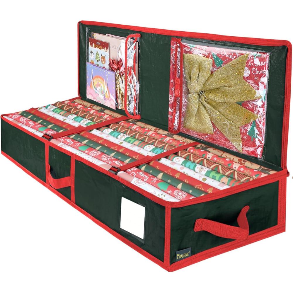 imageBALEINE SOFT Christmas Wrapping Paper Storage Bag 40quot Durable PE Gift Wrap Storage Bag with Flexible Partitions and Pockets for Ribbon Accessories RedGreen