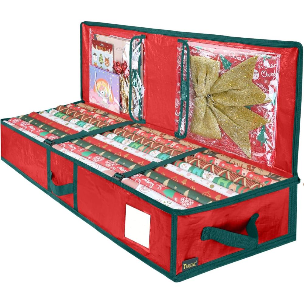 imageBALEINE SOFT Christmas Wrapping Paper Storage Bag 40quot Durable PE Gift Wrap Storage Bag with Flexible Partitions and Pockets for Ribbon Accessories RedRed