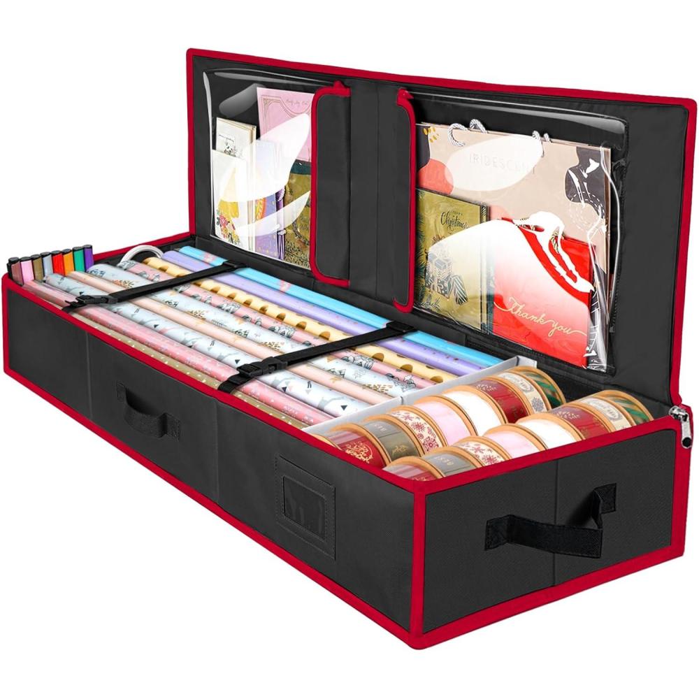imageBALEINE Wrapping Paper Storage Organizer 40quot Durable 600D Oxford Fabric Gift Wrap Storage Bag with Flexible Partitions for Ribbon Holiday Accessories GrayBlackRed