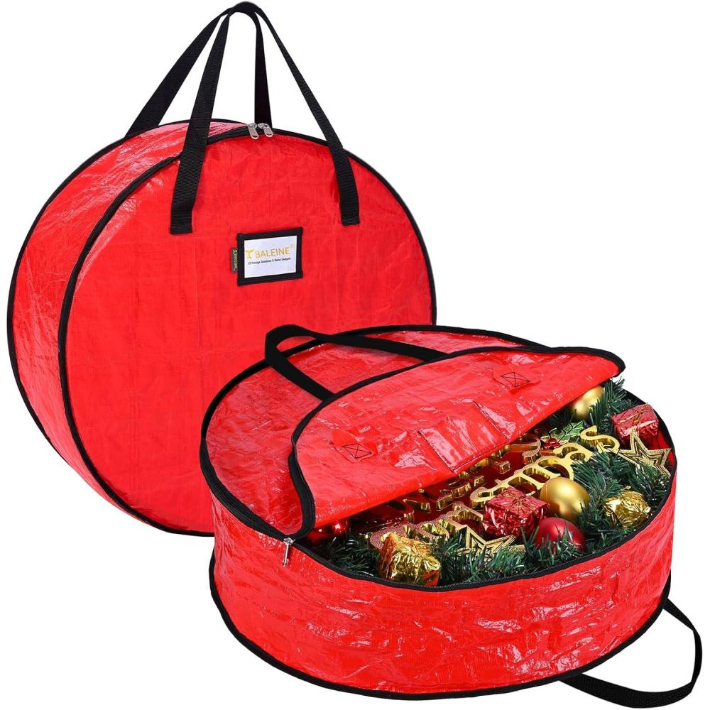 imageBALEINE Wreath Storage Container 2 Pack Christmas Wreath Storage Bag with Tear Resistant PE Material and Reinforced Handle for Holiday Xmas Green 30quotx8quotRed