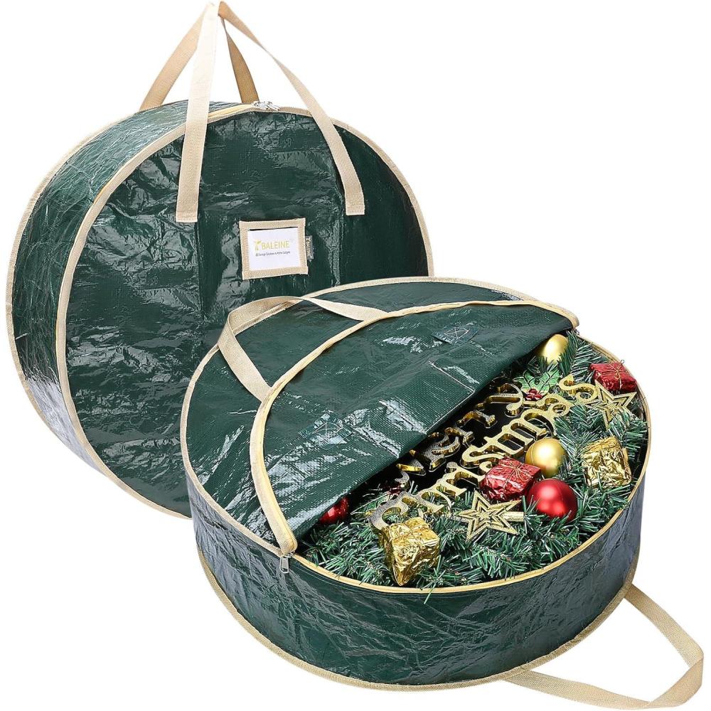 imageBALEINE Wreath Storage Container 2 Pack Christmas Wreath Storage Bag with Tear Resistant PE Material and Reinforced Handle for Holiday Xmas Green 30quotx8quotGreen