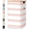 BALEINE Laundry Hamper with Lid, Tall Laundry Baskets with Bamboo Pull Handles, Large Laundry Bin with Internal Support (36 Gal/140L, Grey)(Pink Stripe)