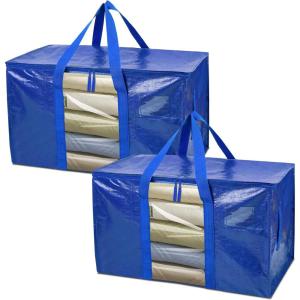 BALEINE 6-Pack Oversized Moving Bags with Reinforced Handles, Heavy-Duty Storage Tote for Clothes, Moving Supplies (Color Stripe with Window, 6-Pack)(Blue)