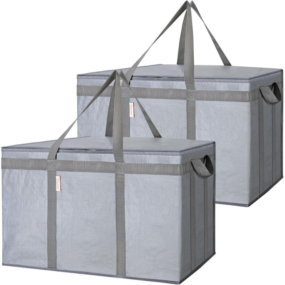 imageBALEINE 2Pk Insulated Reusable Grocery Bags Collapsible Cooler Bag for Groceries Heavy Duty Large Insulated Bag 16x9x13 Spring StrollUrban Gray