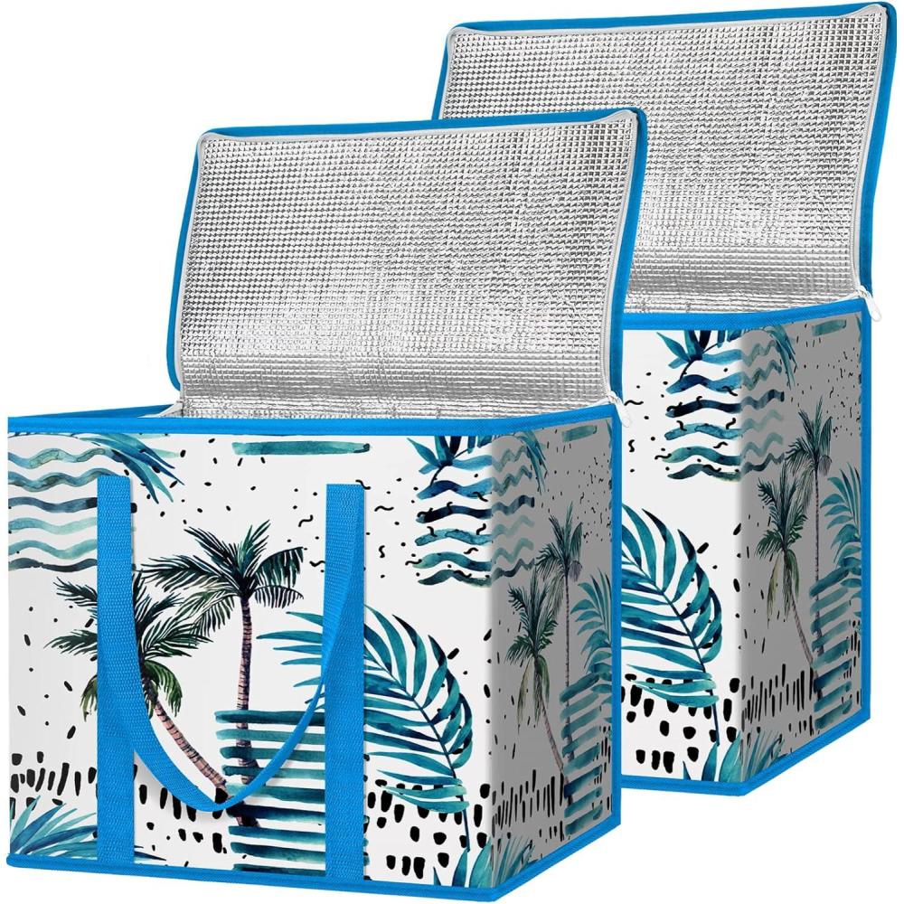 imageBALEINE 2Pk Insulated Reusable Grocery Bags Collapsible Cooler Bag for Groceries Heavy Duty Large Insulated Bag 24x14x15 Midnight BlueIsland Breeze