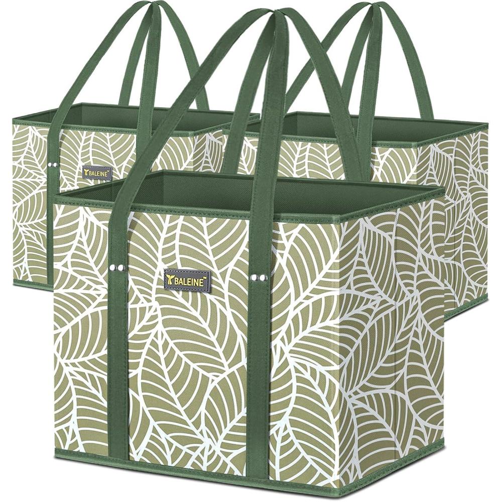imageBALEINE 3Pk Reusable Grocery Bags Foldable Shopping Bags for Groceries with Reinforced Bottom ampamp Handles BlackAntique Foliage