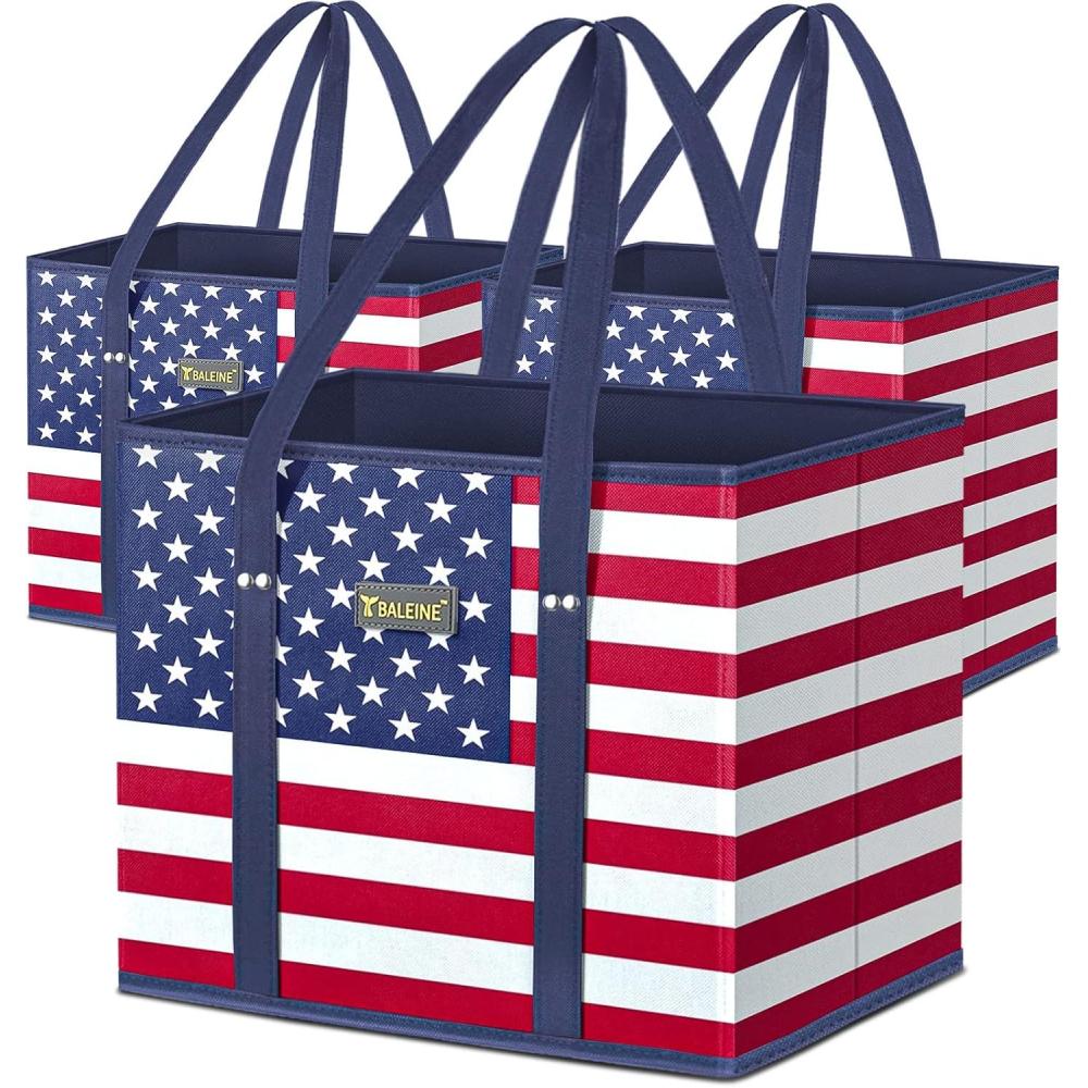 imageBALEINE 3Pk Reusable Grocery Bags Foldable Shopping Bags for Groceries with Reinforced Bottom ampamp Handles BlackPatriot Celebration