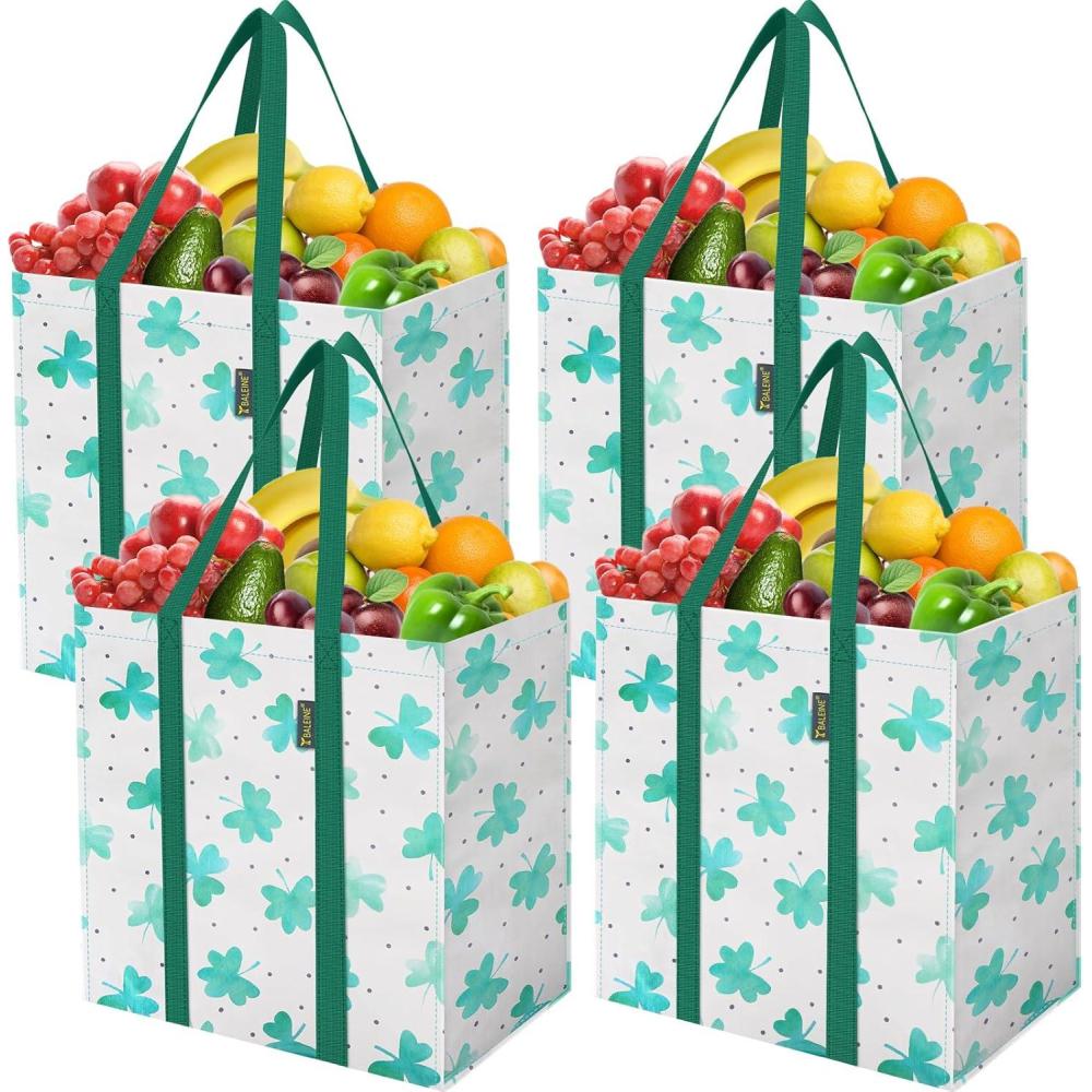 imageBALEINE 4 PK Grocery Bags Reusable Shopping Bags with Reinforced Bottom Heavy Duty Foldable Tote Bags GreyClover