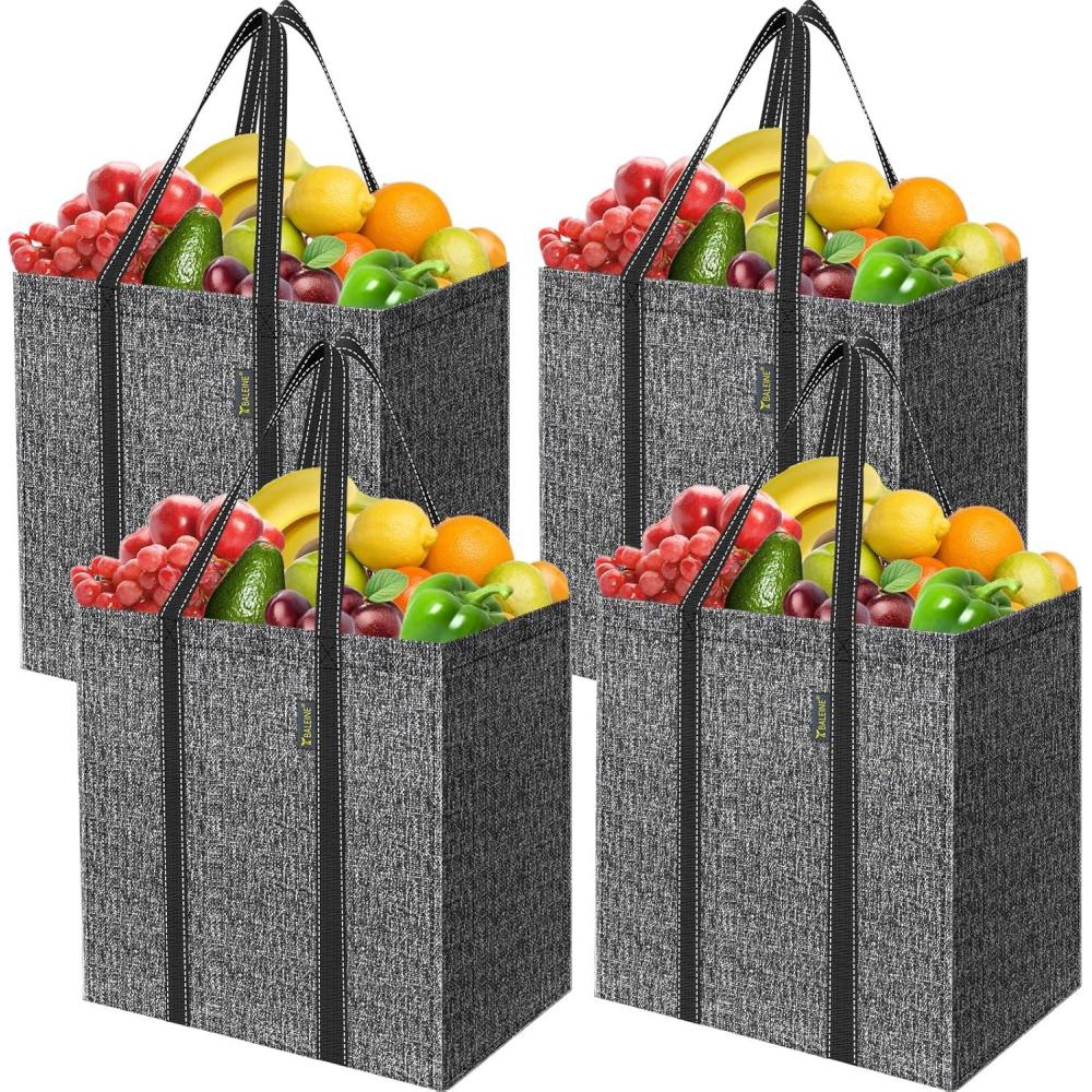 imageBALEINE 4 PK Grocery Bags Reusable Shopping Bags with Reinforced Bottom Heavy Duty Foldable Tote Bags GreyGrey