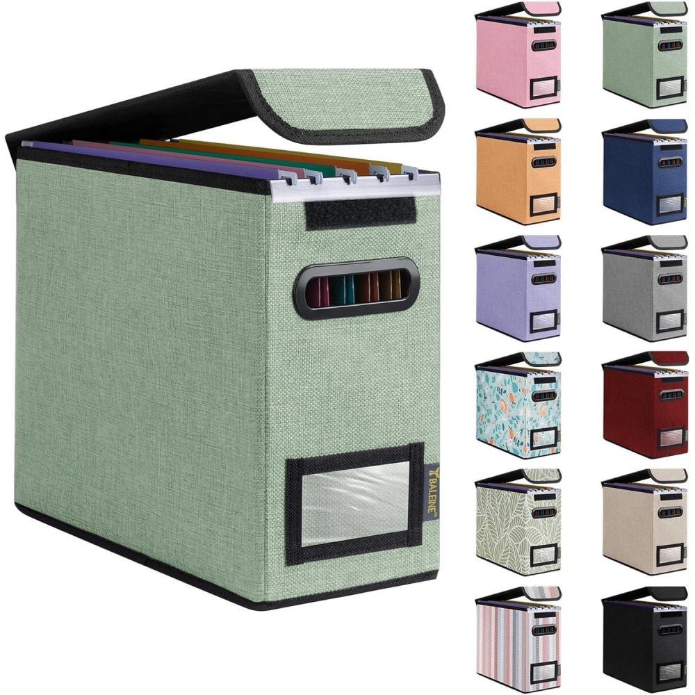 imageBALEINE File Organizer Box with Lid Collapsible File Folder Organizer with Plastic Slide Hanging File Folder Box for Office Document Storage 1 Pack BeigeGreen