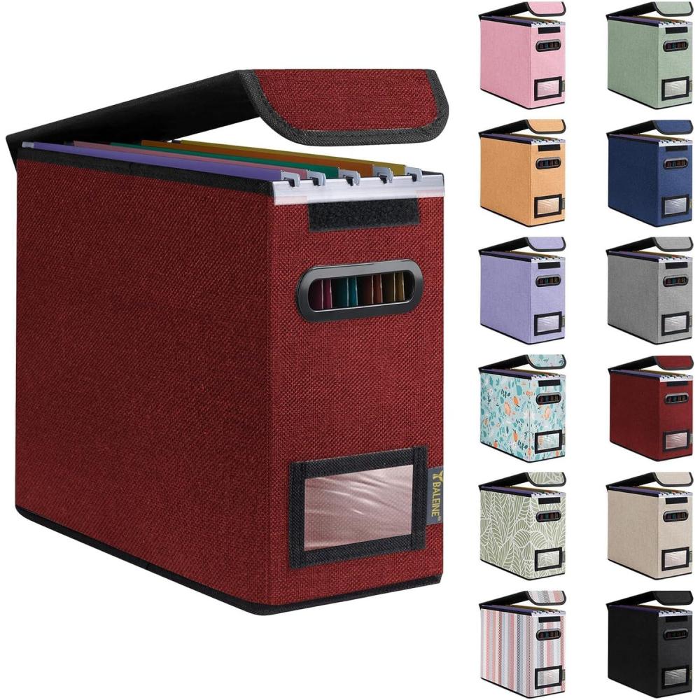 imageBALEINE File Organizer Box with Lid Collapsible File Folder Organizer with Plastic Slide Hanging File Folder Box for Office Document Storage 1 Pack BeigeRed