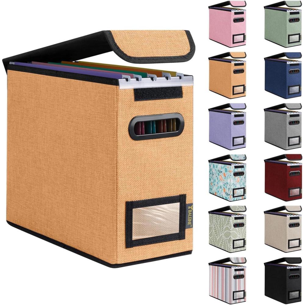 imageBALEINE File Organizer Box with Lid Collapsible File Folder Organizer with Plastic Slide Hanging File Folder Box for Office Document Storage 1 Pack BeigeOrange