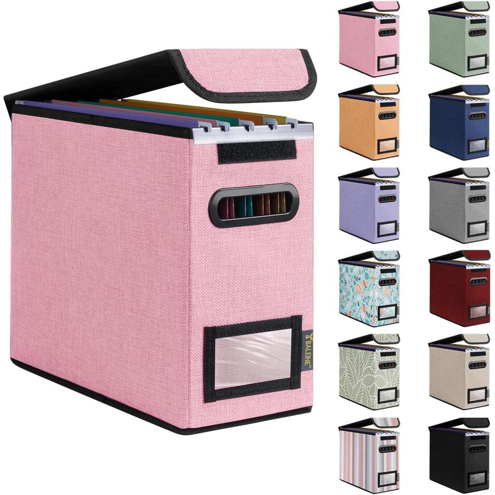 imageBALEINE File Organizer Box with Lid Collapsible File Folder Organizer with Plastic Slide Hanging File Folder Box for Office Document Storage 1 Pack BeigePink
