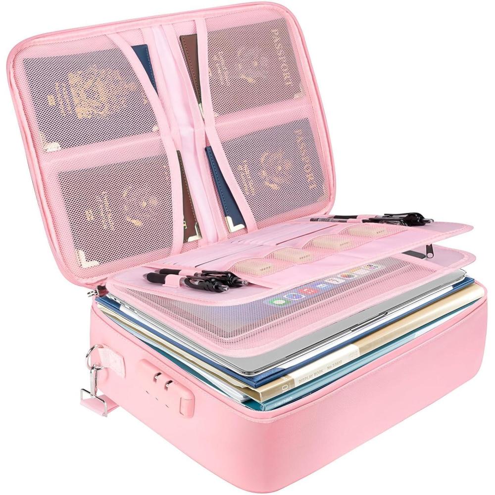 imageBALEINE Fireproof Document Box with Lock Portable Fireproof Document Bag Waterproof Fire Proof File Boxes for Documents File Organizer Box for Important Paperwork Black 15x11x4Pink