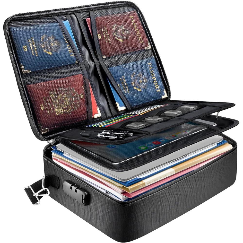 imageBALEINE Fireproof Document Box with Lock Portable Fireproof Document Bag Waterproof Fire Proof File Boxes for Documents File Organizer Box for Important Paperwork Black 15x11x4Black
