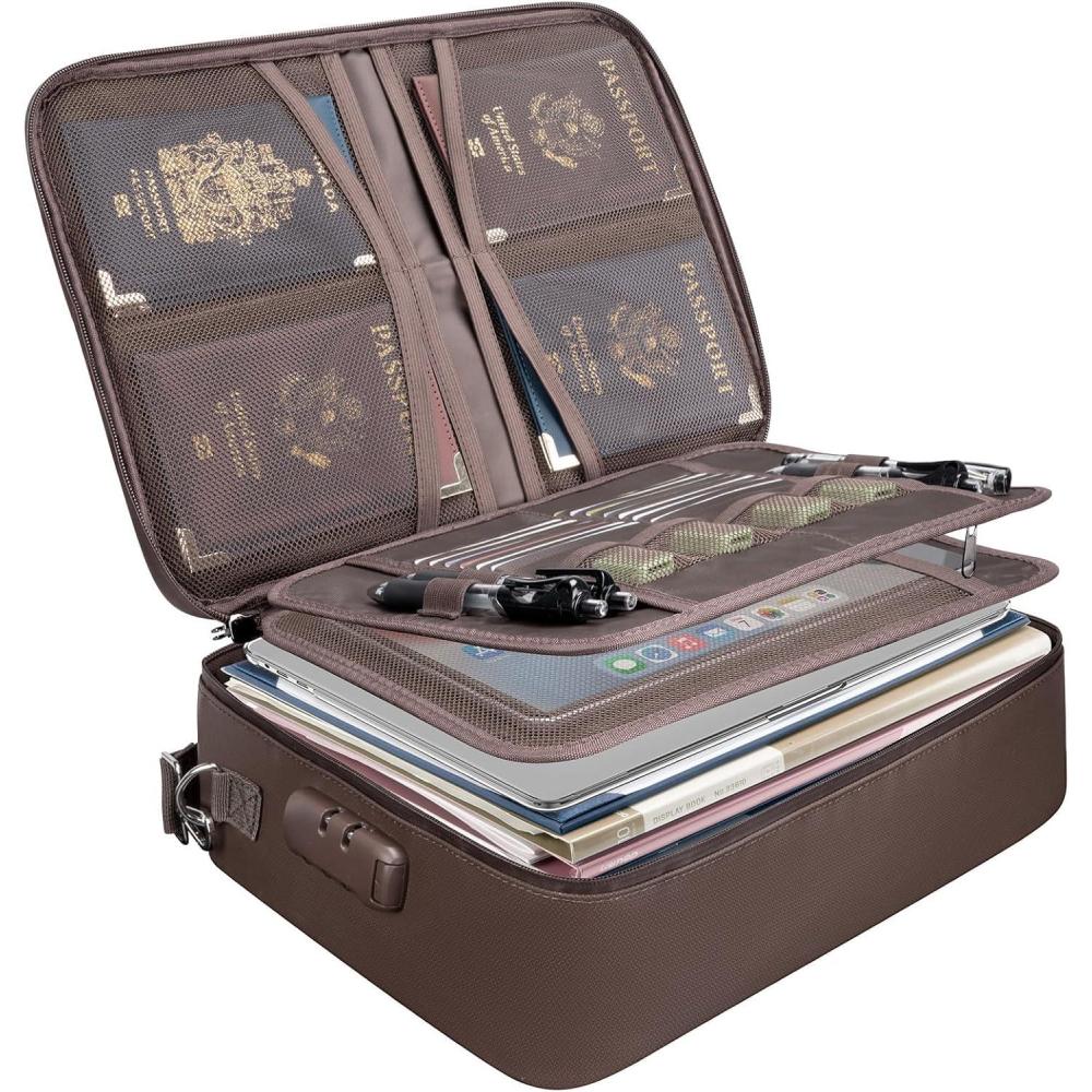 imageBALEINE Fireproof Document Box with Lock Portable Fireproof Document Bag Waterproof Fire Proof File Boxes for Documents File Organizer Box for Important Paperwork Black 15x11x4Brown