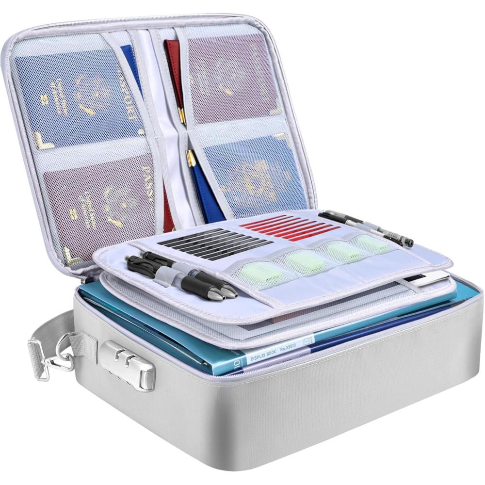 imageBALEINE Fireproof Document Box with Lock Portable Fireproof Document Bag Waterproof Fire Proof File Boxes for Documents File Organizer Box for Important Paperwork Black 15x11x4Silver