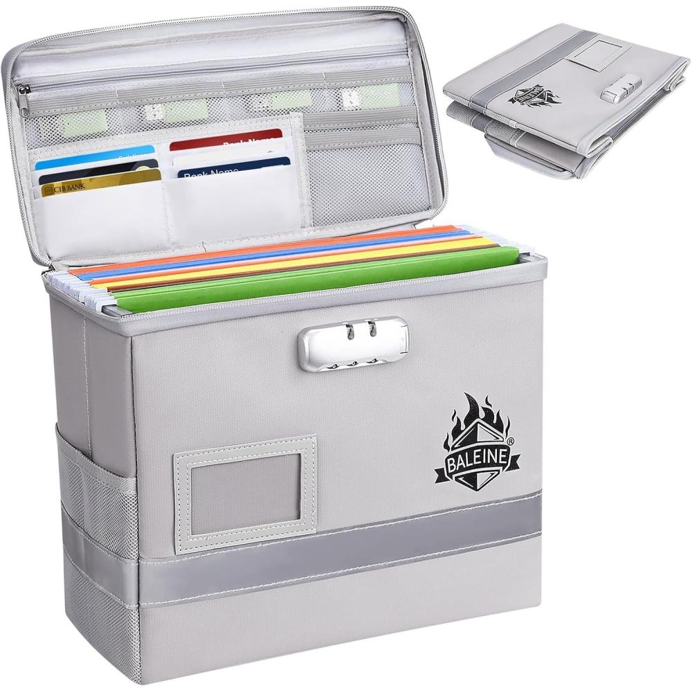 imageBALEINE Fireproof Document Box with Lock Portable Fireproof Document Bag Waterproof Fire Proof File Boxes for Documents File Organizer Box for Important Paperwork Black 125x105x6Silver