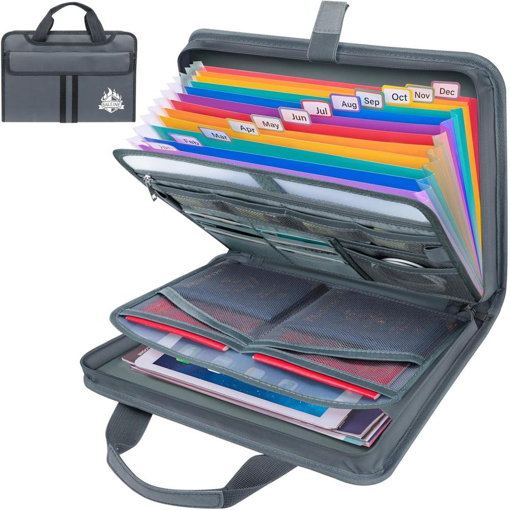imageBALEINE Fireproof Document Organizer with Handle 12 Pockets PVC Accordion File Organizer with Labels Waterproof Fireproof Document Bag for A4Letter Files in Travel Office Home PinkGray