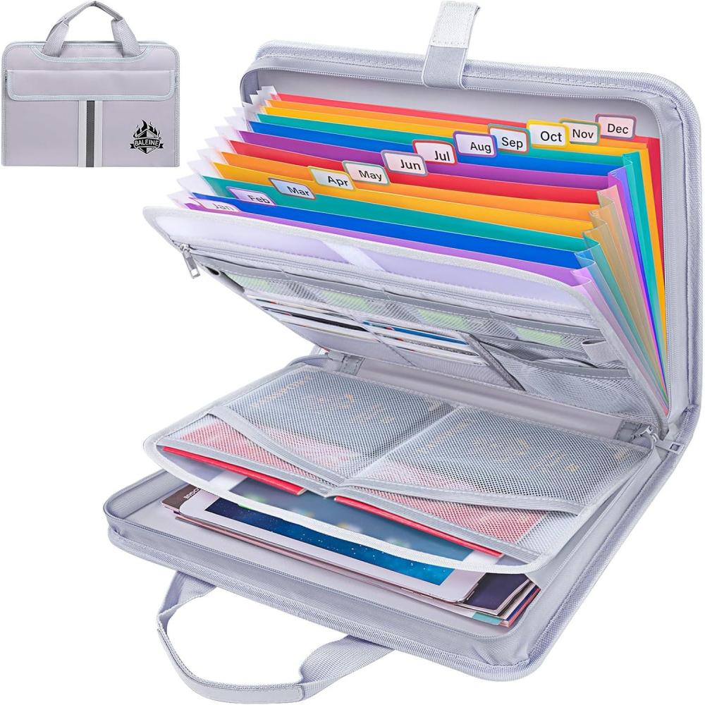 imageBALEINE Fireproof Document Organizer with Handle 12 Pockets PVC Accordion File Organizer with Labels Waterproof Fireproof Document Bag for A4Letter Files in Travel Office Home PinkSilver