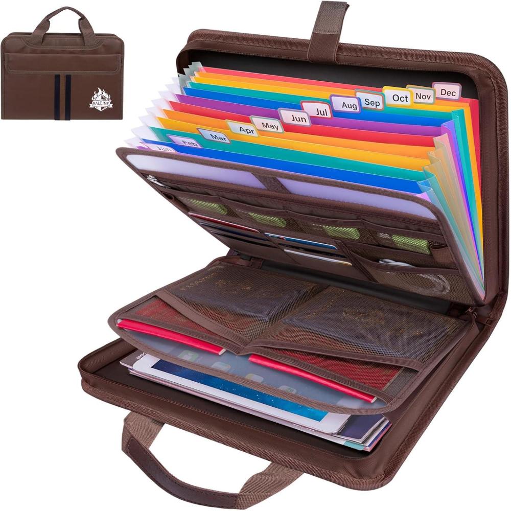 imageBALEINE Fireproof Document Organizer with Handle 12 Pockets PVC Accordion File Organizer with Labels Waterproof Fireproof Document Bag for A4Letter Files in Travel Office Home PinkBrown