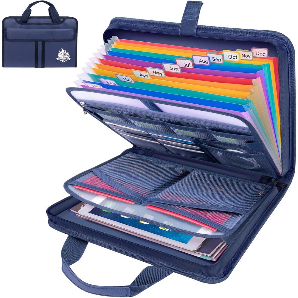 imageBALEINE Fireproof Document Organizer with Handle 12 Pockets PVC Accordion File Organizer with Labels Waterproof Fireproof Document Bag for A4Letter Files in Travel Office Home PinkBlue