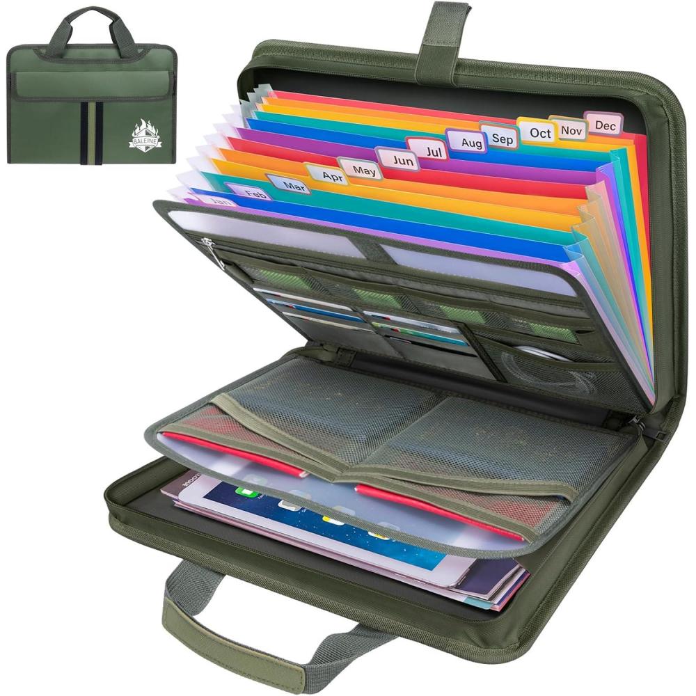 imageBALEINE Fireproof Document Organizer with Handle 12 Pockets PVC Accordion File Organizer with Labels Waterproof Fireproof Document Bag for A4Letter Files in Travel Office Home PinkGreen