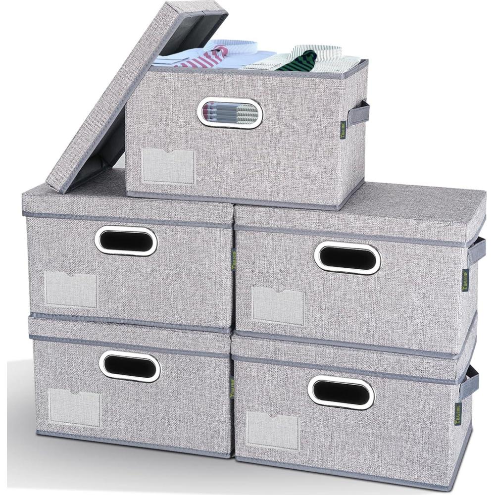 imageBALEINE Storage Bins with Lids Foldable Linen Fabric Storage Boxes with Lids Collapsible Closet Organizer Containers with Cover for Home Bedroom Office 5pack Gray Extra Large