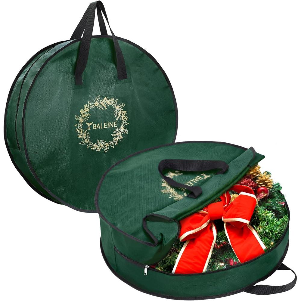 imageBALEINE 2 Pack Wreath Storage Container Christmas Wreath Storage Bag with Reinforced Handle for Holiday Xmas Green 30quotX8quotGreen