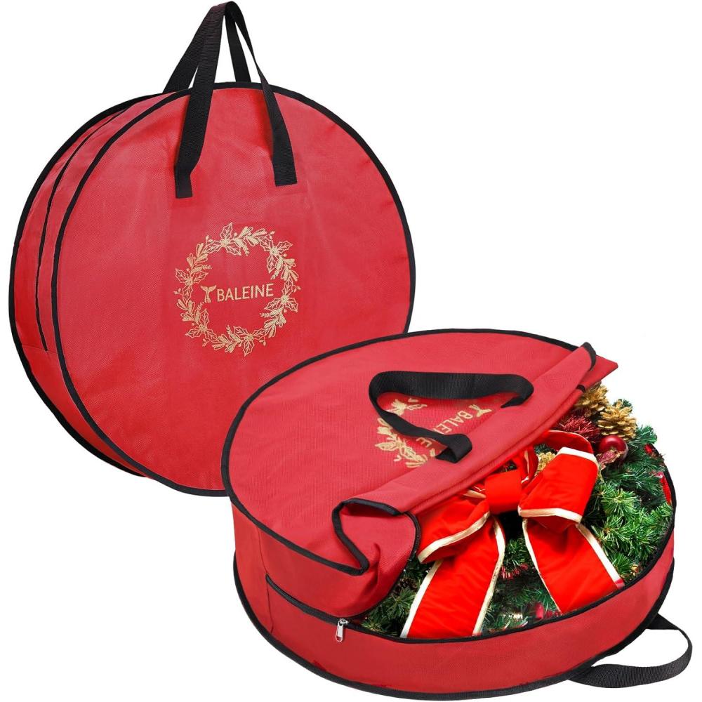 imageBALEINE 2 Pack Wreath Storage Container Christmas Wreath Storage Bag with Reinforced Handle for Holiday Xmas Green 30quotX8quotRed